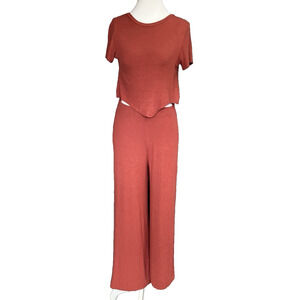 Better Be Womens Wide Leg Ribbed Jumpsuit‎ Size M Rust Casual Loungewear Comfort